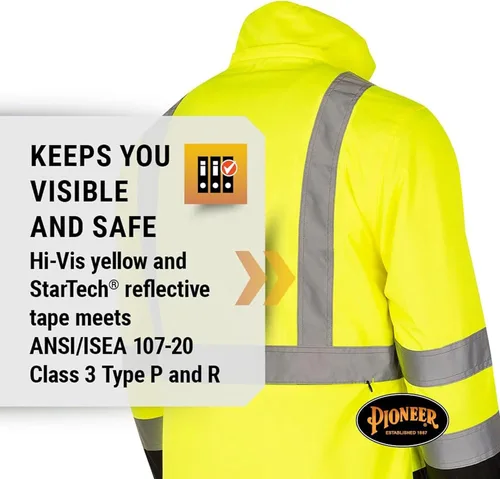 Miniatura 4 de Pioneer Hi Vis - Chaqueta impermeable de seguridad 2 en 1 para hombres y mujeres, se invierte a un acolchado negro, equipo impermeable reflectante