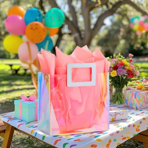 Miniatura 3 de Bolsa de Regalo Holográfica Grande con Papel de Seda Reutilizable Bolsa de Regalo de Cumpleaños para Mujeres Niñas Iridiscente Despedida de Soltera