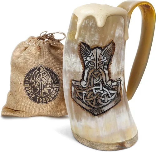 Miniatura 13 de Norse Tradesman LG Viking Cuerno para Beber - Jarra de Cuerno de Cerveza 100% Auténtica con Fondo de Madera Dura y Grabados de Anillos The