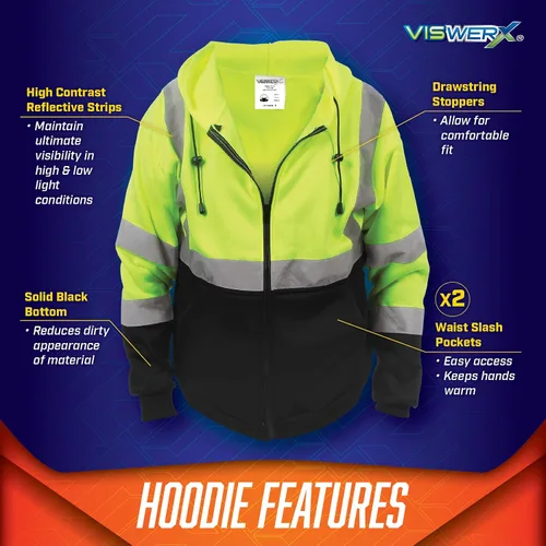 Miniatura 5 de Sudadera con capucha Hi-Vis con cremallera completa – ANSI CL3 – Sudadera reflectante para trabajo, construcción y zonas de alto tráfico, sudadera