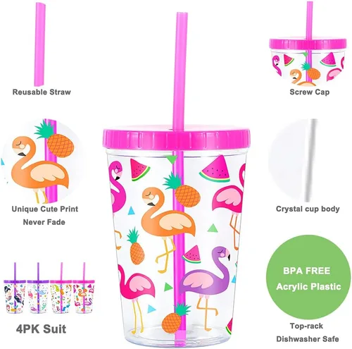 Miniatura 2 de Vaso de agua para niños de 16 onzas, paquete de 4 unidades, sin BPA, tapa con pajilla, reutilizable, ligero, a prueba de derrames, con bonito diseño