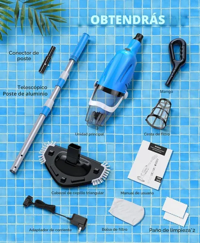 Miniatura 8 de Aspiradora de piscina para piscina sobre el suelo con un poste telescópico, 80 minutos de tiempo de funcionamiento, limpiador de piscina recargable