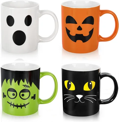 Whaline Juego de 4 tazas de Halloween de 12 onzas con diseño de calabaza, gato, monstruo, fantasma, tazas de cerámica a juego para el hogar,