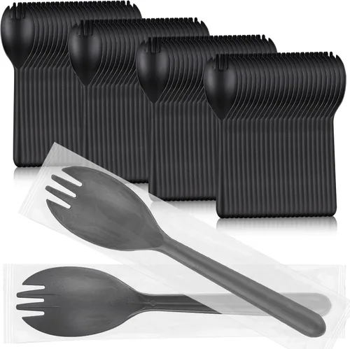EUSOAR Cucharas de tenedor de plástico, 100 tenedores desechables de 5.5 x 1.2 pulgadas, juego de utensilios pesados, cuchara de servir, helado,