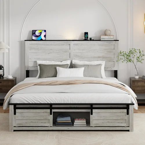 Miniatura 11 de Base de cama tamaño matrimonial con cabecero de madera, estructura de cama de plataforma de madera con estribo de puerta corrediza de granero