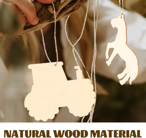 Miniatura 6 de 45 piezas de recortes de madera de animales de granja, sin terminar, manualidades, rebanadas de madera ligeras con cuerda para niños, decoración