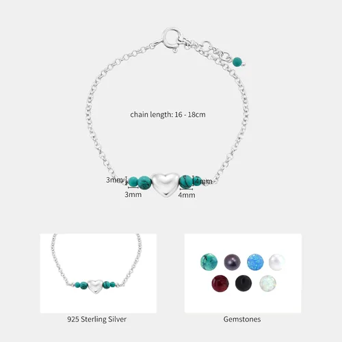 Miniatura 22 de 925 Sterling Silver Gemstone Bracelet - 3mm Gemstone Round Beads with Heart Silver Charm - 16-18cm Length - Gemstone Jewelry for Women - Perfect for