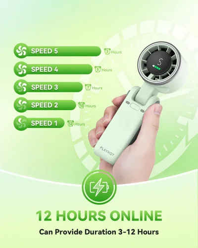 Miniatura 4 de PlayHot Ventilador de Mano Portátil Turbo, 5 Velocidades de Viento, Operado con Batería, Hasta 12 Horas de Funcionamiento, Ventilador de Mano 3 EN 1
