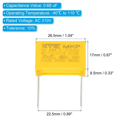 Miniatura 2 de PATIKIL Condensadores de seguridad, paquete de 10 unidades 0.68uF AC 310V 0.886 in Pin Pitch 1.063x0.669x0.354 in Kit surtido de condensadores