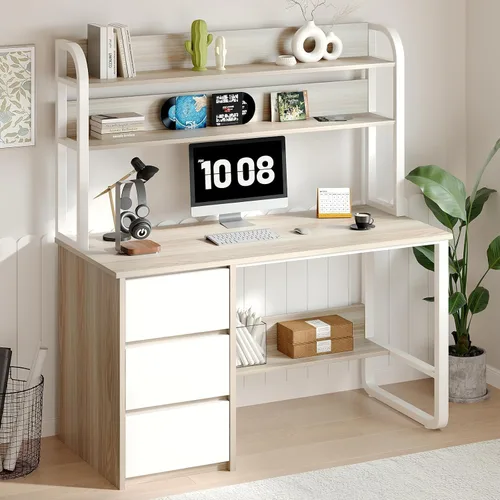 Miniatura 3 de MaverickFurni Escritorio de computadora con gabinete, escritorio pequeño de 47 pulgadas con 3 cajones para dormitorio, escritorio de estudio