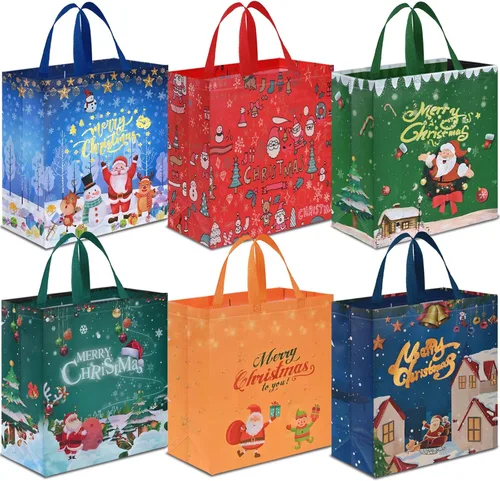Miniatura 10 de AhfuLife 12 piezas bolsas de regalo de Navidad extra grandes, 15.7'' x 14.2'' x 5.9'', bolsas tipo tote de Navidad con asas, bolsa de compras B: 12