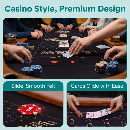 Miniatura 4 de SereneLife Player - Póker plegable ovalado, mesa Texas Holdem, con riel acolchado resistente al agua, 10 portavasos, superficie de fieltro marrón