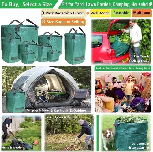 Miniatura 2 de Paquete de 3 bolsas profesionales grandes de 72 galones para jardín (26 pulgadas de alto, 30 pulgadas) reutilizables con guantes de jardinería