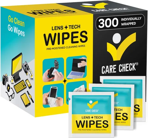 Care Check Toallitas para lentes, 300 toallitas de limpieza prehumedecidas para cámaras, portátiles, teléfonos celulares, lentes, otras pantallas y
