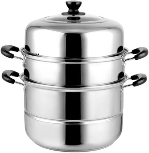 Olla de vapor de 11 pulgadas para cocinar olla de vapor con tapa, olla multiusos de acero inoxidable de 3 niveles, utensilios de cocina con asa para