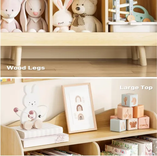 Miniatura 5 de Estantería para niños y organizador de juguetes Treocho, estantería de madera para niños de 3 niveles con diseño curvo, 5 compartimentos