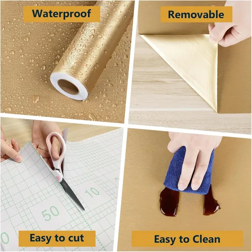 Miniatura 6 de Papel tapiz metálico dorado de 17.7 x 315 pulgadas, papel de contacto de acero inoxidable, a prueba de aceite, impermeable, para armarios