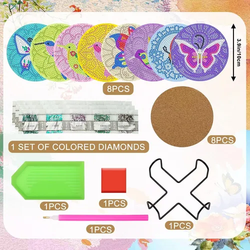 Miniatura 2 de UPINS Kit DIY, Posavasos de Arte de Pintura de Diamantes con Soporte, Juego de 8 Piezas de Posavasos de Colibrí y Mariposa, Suministros de Mariposa