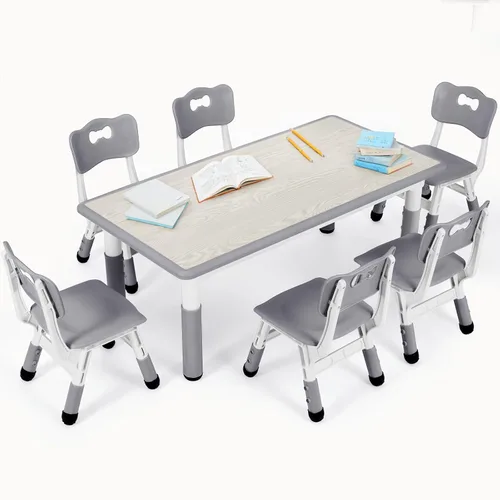 Miniatura 9 de Arlopu Juego de mesa y 6 sillas para niños, escritorio de graffiti ajustable en altura, mesa de manualidades para actividades preescolares, para Azul