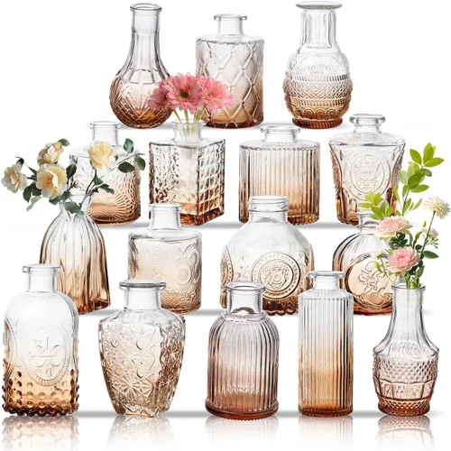 Juego de 16 jarrones de cristal, jarrones de flores pequeños, jarrones de vidrio para centros de mesa, decoración de mesa vintage para el hogar (16