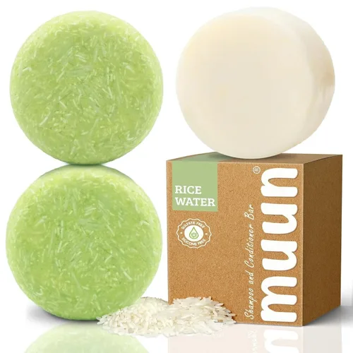 Muun Paquete de 3 barras de champú y acondicionador de agua de arroz, crecimiento del cabello, engrosamiento, fortalecimiento, anti pérdida de