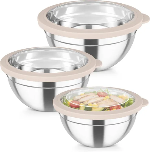 Juego de cuencos para mezclar TeamFar con tapas, 4.5/3/1.5 QT, cuencos para ensalada anidados de acero inoxidable con tapas herméticas, para Caqui