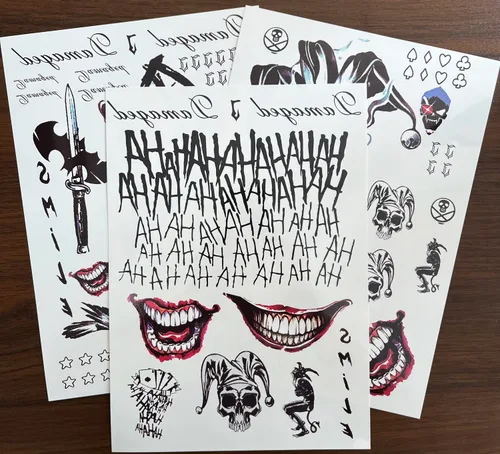 Miniatura 2 de 3 hojas de tatuajes temporales PadOUN The Joker, tatuajes falsos de Halloween de Suicde Squad, tatuaje adhesivo para disfraces de Halloween