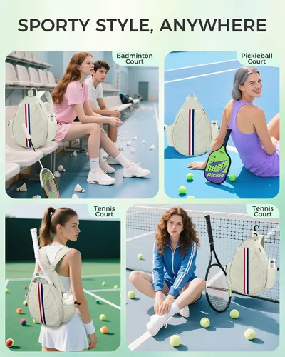 Miniatura 7 de Bolsa de tenis, mochila de tenis resistente al agua para mujeres y hombres, diseño de bandolera acolchada para tenis, pickleball, raquetas de Beige