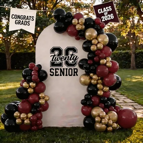 Miniatura 3 de Kit de arco de globos color borgoña, guirnalda de globos color granate negro y dorado con globos de papel de aluminio de estrella para graduación