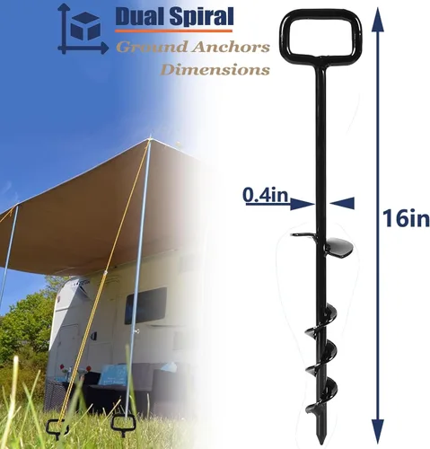 Miniatura 4 de Estacas de tienda de campaña de 16 pulgadas con 6 adaptadores resistentes, anclajes de tierra de tornillo, kit de enderezamiento de árboles, Negro