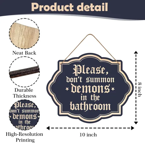 Miniatura 2 de Divertido letrero de pared gótico vintage de Halloween, con texto en inglés "Please Do Not Summon Demons In The Bath", letrero de madera
