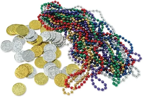 Miniatura 11 de Beistle 100 monedas de plástico en relieve de plata para casino occidental y tema pirata, recuerdos de fiesta del cofre del tesoro, 1.5 pulgadas