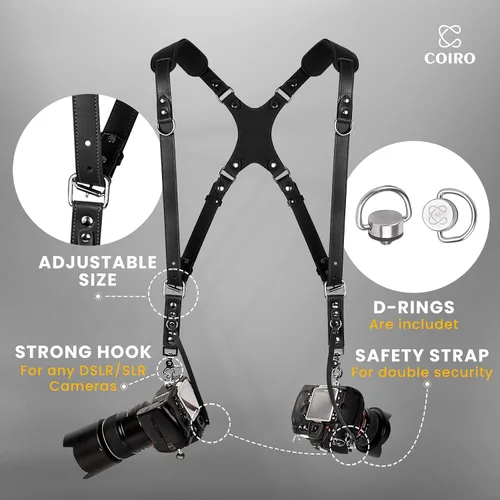 Miniatura 3 de C Coiro Camera Harness for 2 Cameras Dual Shoulder Leather Camera Strap for DSLR/SLR, Camera Straps for Photographers Negro