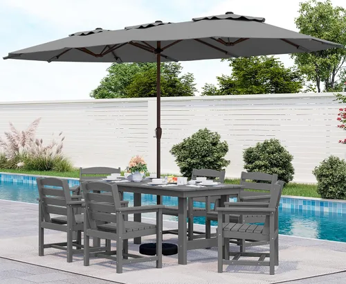 Miniatura 28 de SERWALL Juego de Mesa de Comedor de HDPE para Exteriores, Juego de 7 Piezas de Mesa de Comedor al Aire Libre con Mesa con Corte para Agujero de Gris