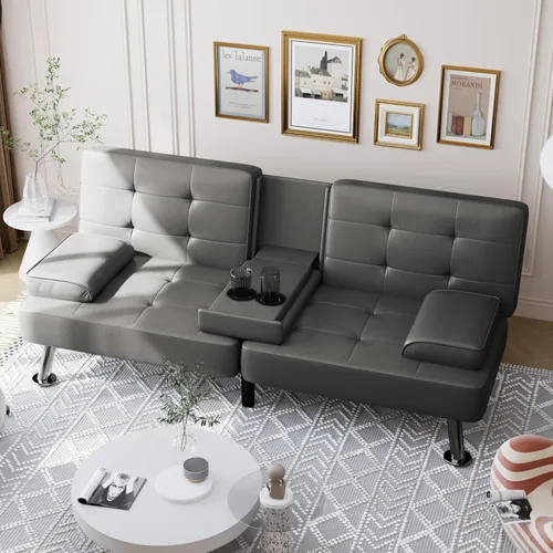 Miniatura 6 de Shahoo - Sofá cama convertible tipo futón plegable para sala de estar, sofá cama con respaldo tapizado de cuero sintético, sillón con reposabrazos