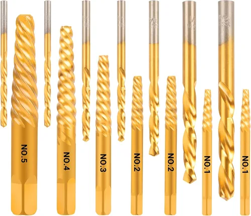 Juego de 14 Piezas Extractor de Tornillos Easy Out y Juego de Brocas de Giro Izquierdo, Juego de Extractor de Tornillos Barridos para Quitar