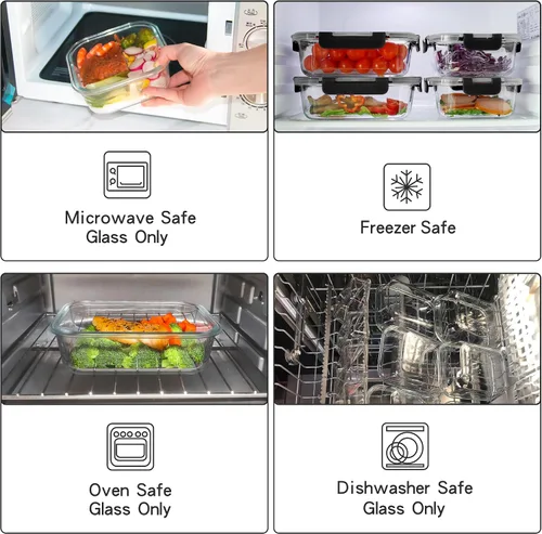 Miniatura 3 de UMEIED Paquete de 12 recipientes de vidrio para almacenamiento de alimentos con tapas a prueba de fugas, recipientes herméticos de vidrio para Negro