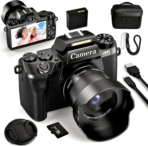 Cámara digital 4K para fotografía, cámara de vlogging de doble lente de 64 MP con pantalla táctil de 4.0 pulgadas, cámara de apuntar y disparar para
