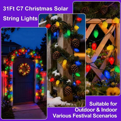Miniatura 3 de ITICdecor C7 - Guirnalda de luces solares de fresa, 31 pies, 50 luces LED coloridas IP65, impermeable, encendido/apagado automático, cable verde