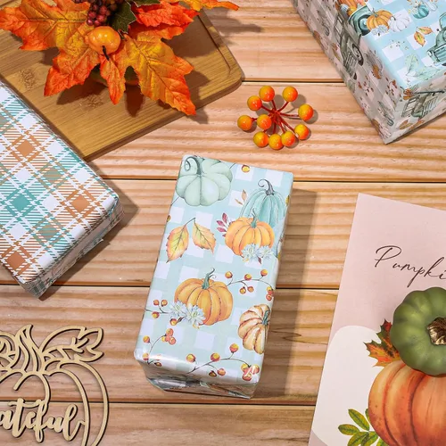 Miniatura 5 de Whaline 12 hojas de papel de regalo de calabaza de otoño, bohemio, pastel, calabaza, camión, papel de regalo, a cuadros blancos cian, manualidades