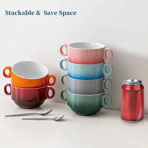Miniatura 6 de LOVECASA Cuencos de Sopa Multicolor de 12 OZ con Asas, Cuencos Pequeños de Cerámica para Sopa de Cebolla Francesa, Mini Tazas de Sopa Cuencos