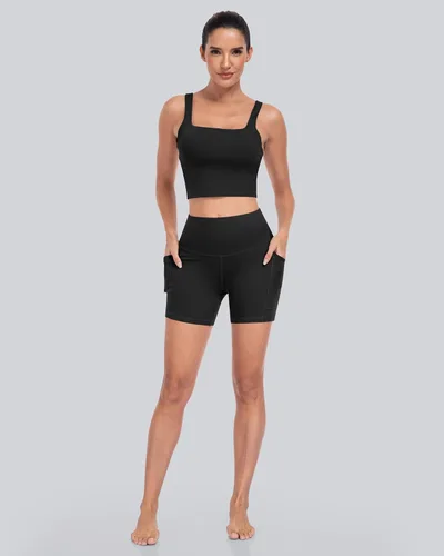 Miniatura 2 de CHRLEISURE - 6 paquetes de pantalones cortos de mujer estilo biker con bolsillo, pantalones cortos de elastano de control de abdomen de 5 pulgadas