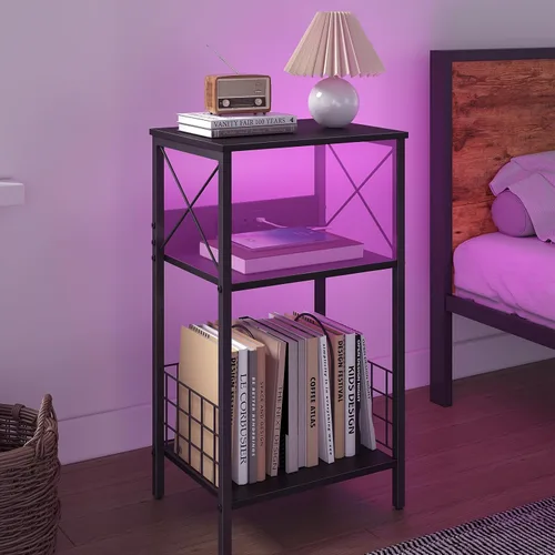 Miniatura 7 de Sthmec - Mesa auxiliar de 3 niveles con estación de carga, tocadiscos LED para almacenamiento de vinilo, estante de discos para álbumes, mesas