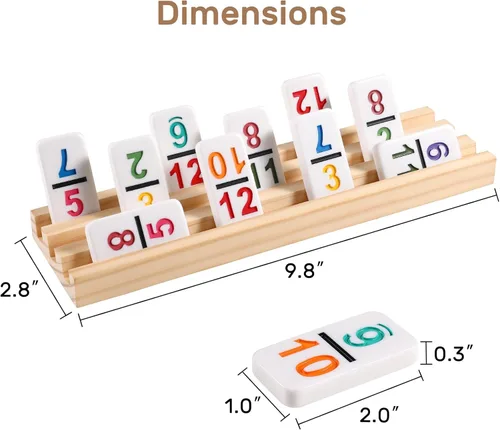 Miniatura 4 de Juego de dominó de tren mexicano con números y 8 bandejas/estantes de madera, juego de dominó doble 12 de viaje con 8 soportes para fichas, juego