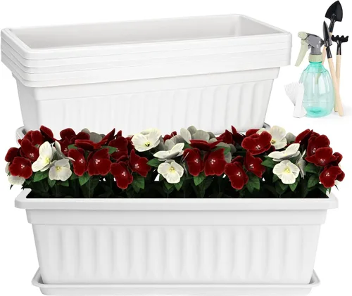 Miniatura 8 de HOXHA Paquete de 6 jardineras para ventana, jardineras de plástico de 17 pulgadas para vegetales y flores con bandeja, macetas rectangulares