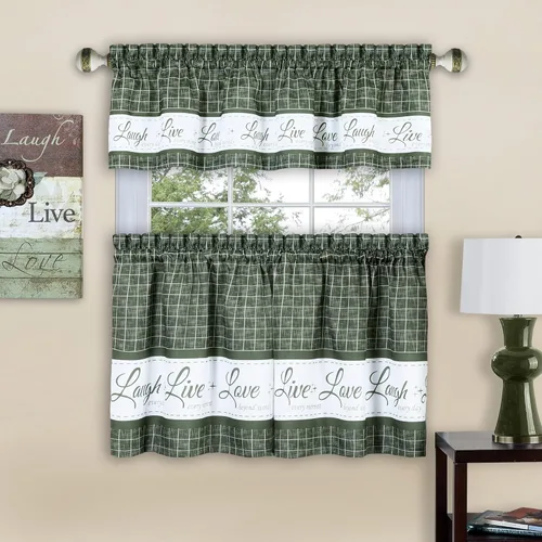 Miniatura 15 de Juego de cortinas con cenefa y volante para ventana - 58 pulgadas de ancho, 36 pulgadas de largo - Vive, Ama, Rie (Amarillo) - Cortinas de filtrado