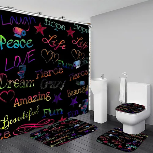 Miniatura 8 de AZHM Juego de cortina de ducha con estampado de corona dorada, accesorios de baño de lujo negros con cortina de ducha y alfombras