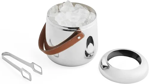 Miniatura 3 de Nambe Tahoe Cubo de hielo con pinzas, accesorio de barra de acero inoxidable y cuero genuino de 6.5 pulgadas para enfriar bebidas, servicio