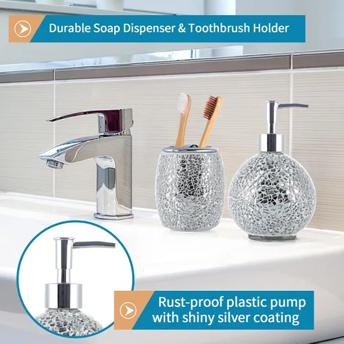 Miniatura 4 de Juego de accesorios de baño de vidrio de mosaico, moderno conjunto de baño de lujo, incluye dispensador de jabón, tarro de hisopo de algodón