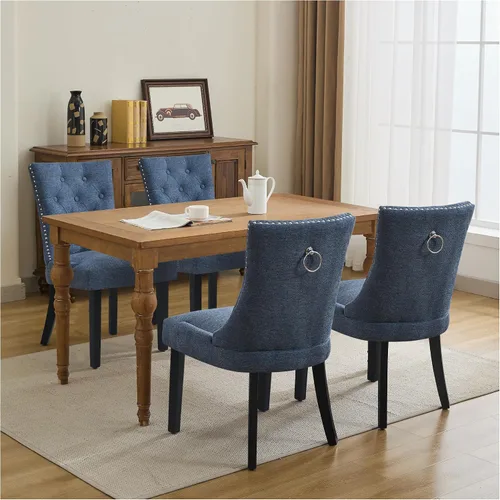 Miniatura 17 de Juego de 4 sillas de comedor tapizadas copetudas, sillas laterales de tela para comedor con cabeza de clavo en la parte trasera y patas de madera